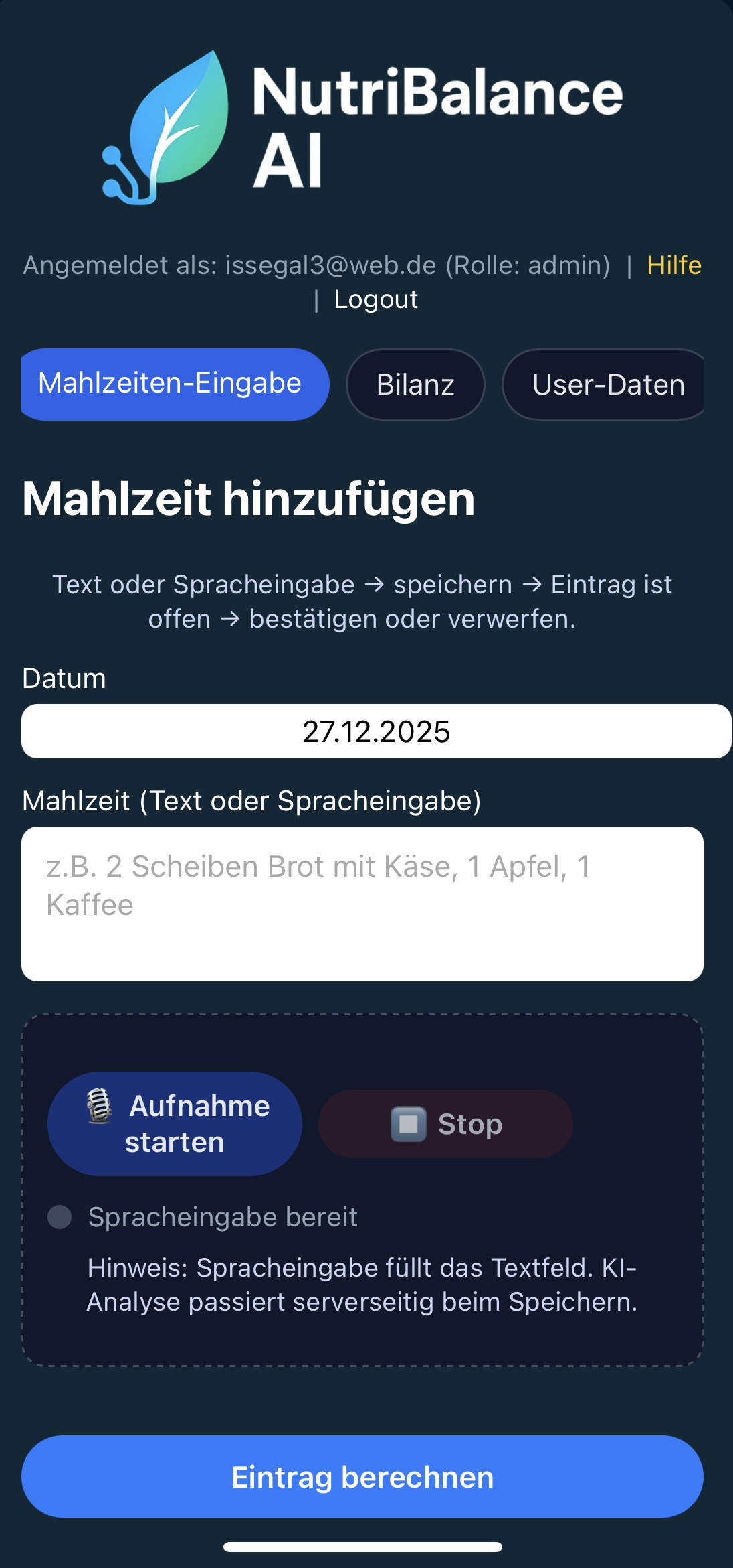 NutriBalance – Sprach oder Texteingabe
